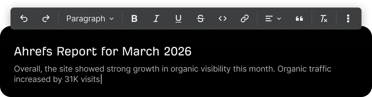 Rich-text editing block inside a report