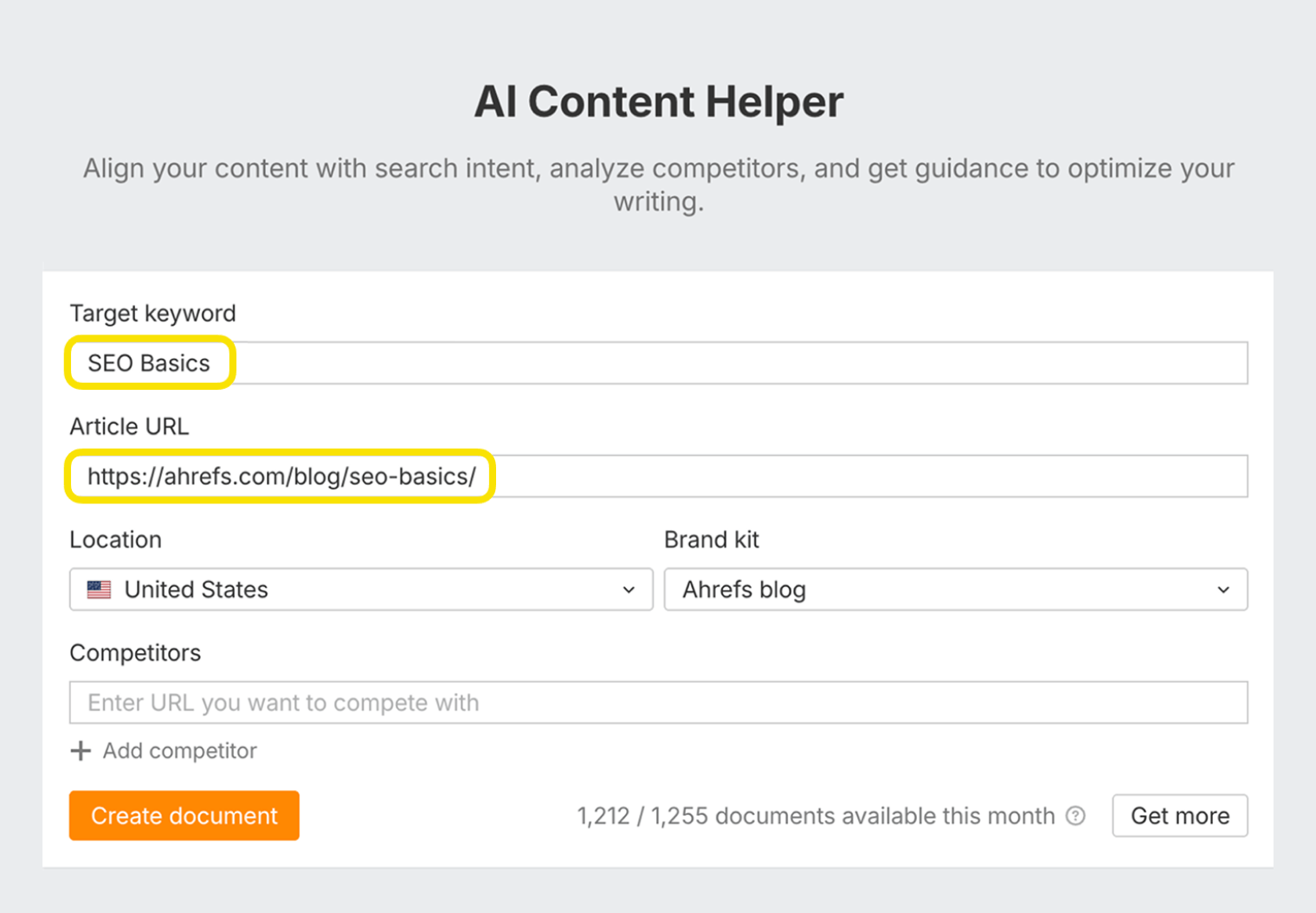 Ahrefs AI Content Helper tool interface