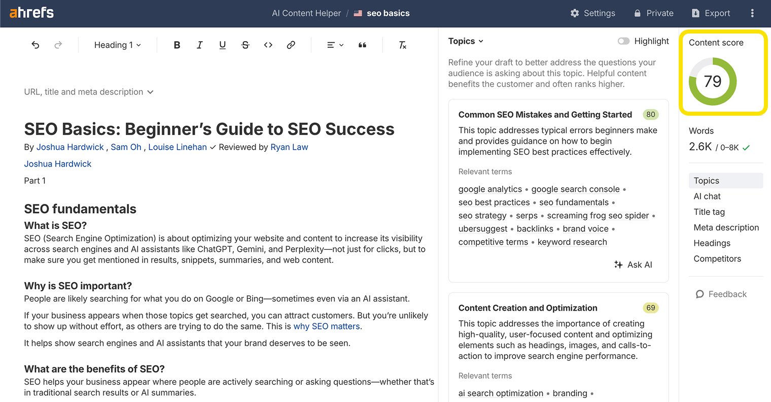 AI Content Helper showing content score and optimization suggestions