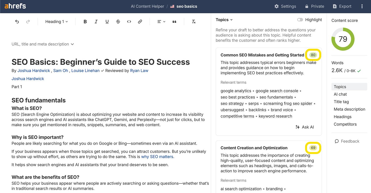 AI Content Helper showing topic coverage analysis