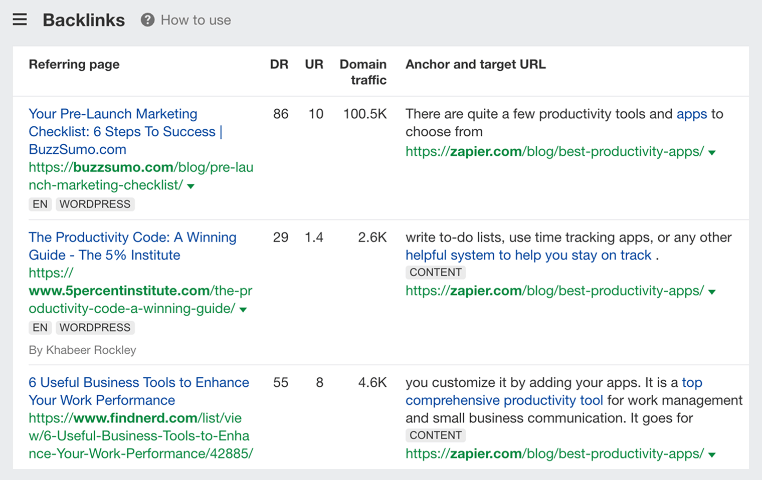 Screenshot of backlinks list in Ahrefs Site Explorer