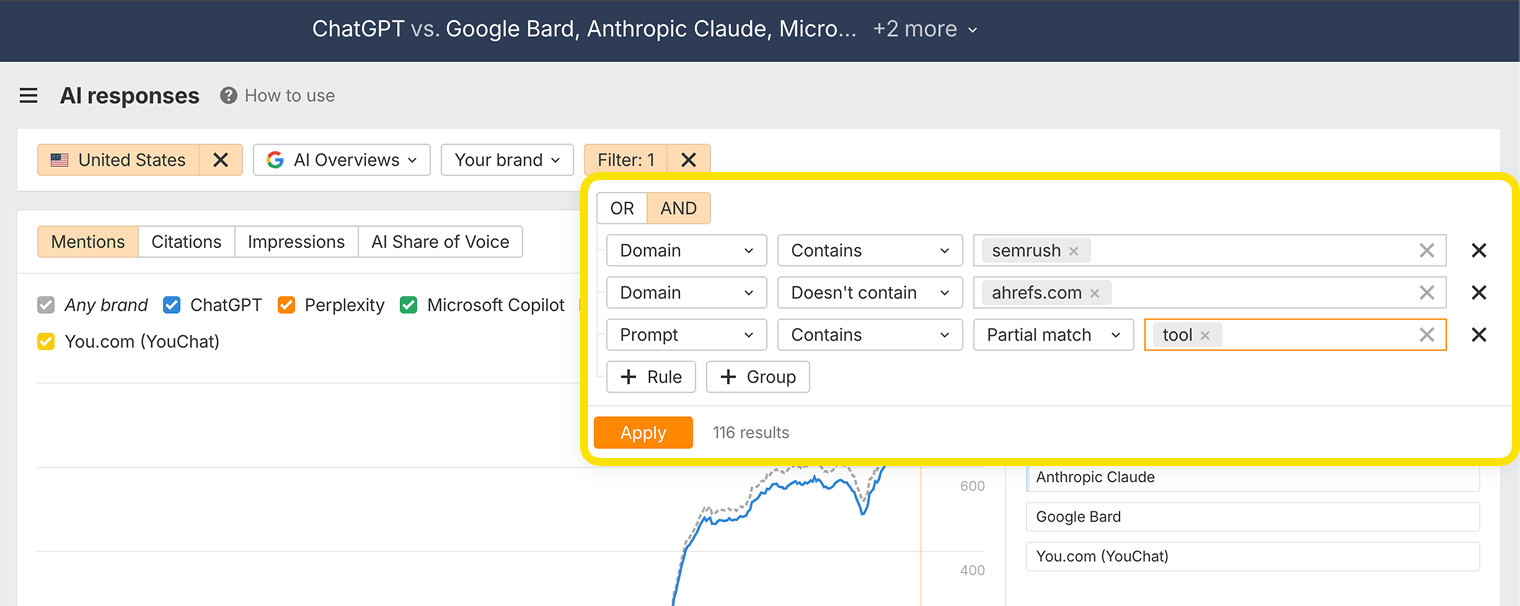 Brand Radar filter options for analyzing zero-click search presence