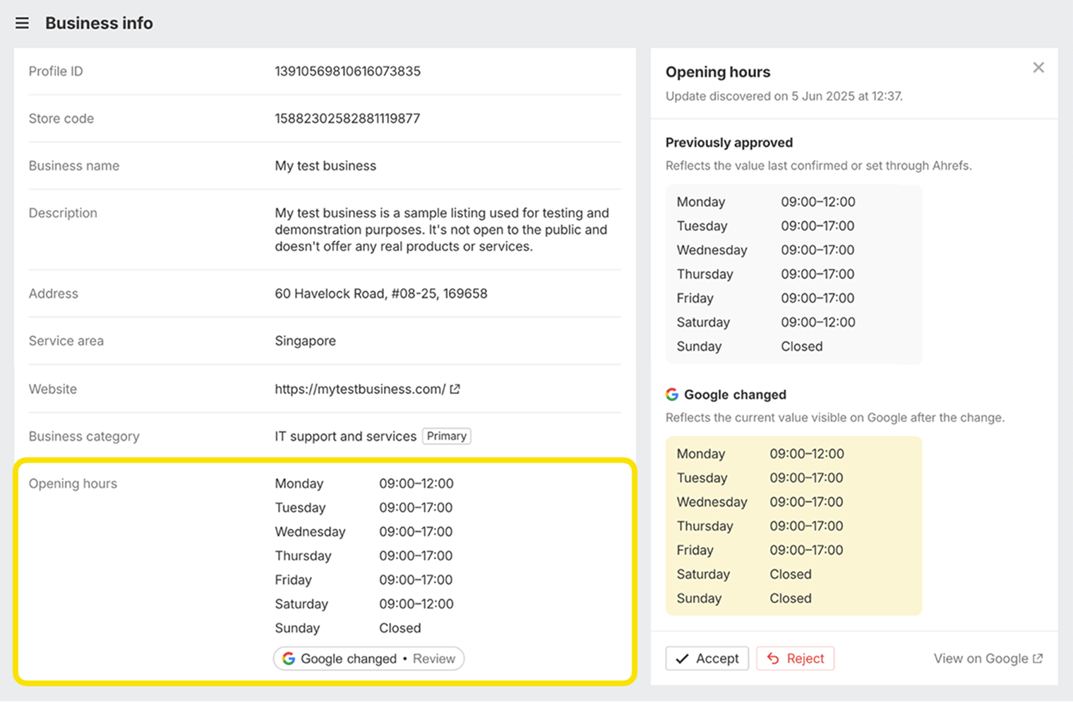 Screenshot of a Google Business Profile showing local business information