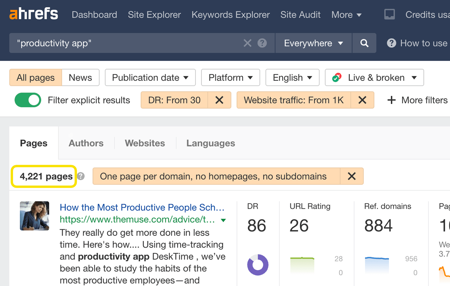 Screenshot of filtered Content Explorer results showing around 4000 pages
