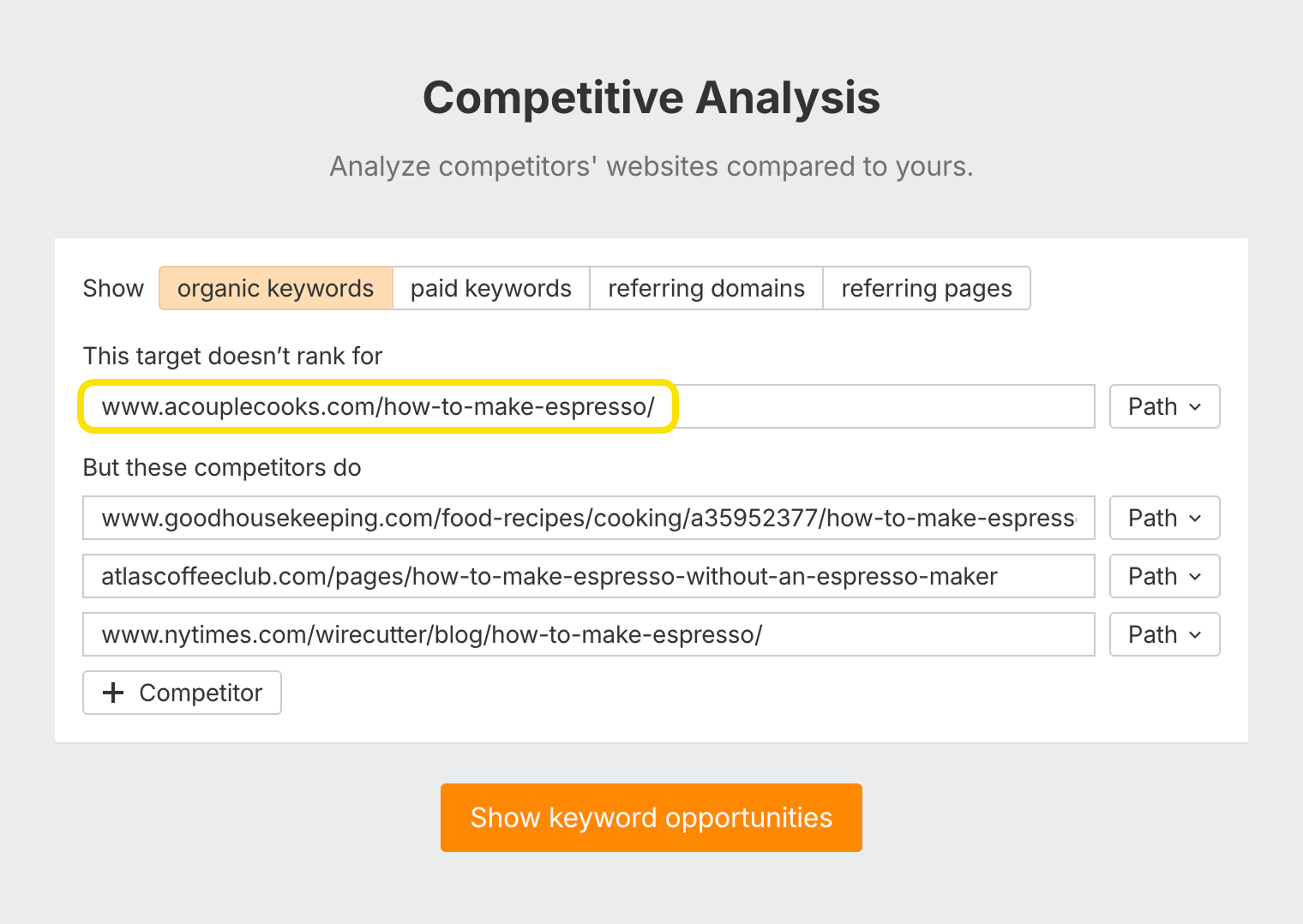 Screenshot of Ahrefs Content Gap tool for finding subtopics to cover