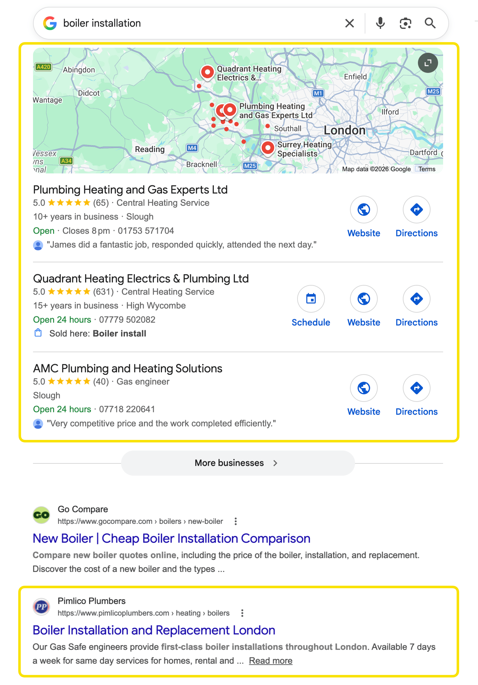 Screenshot of Google search results for boiler installation showing local pack and organic results