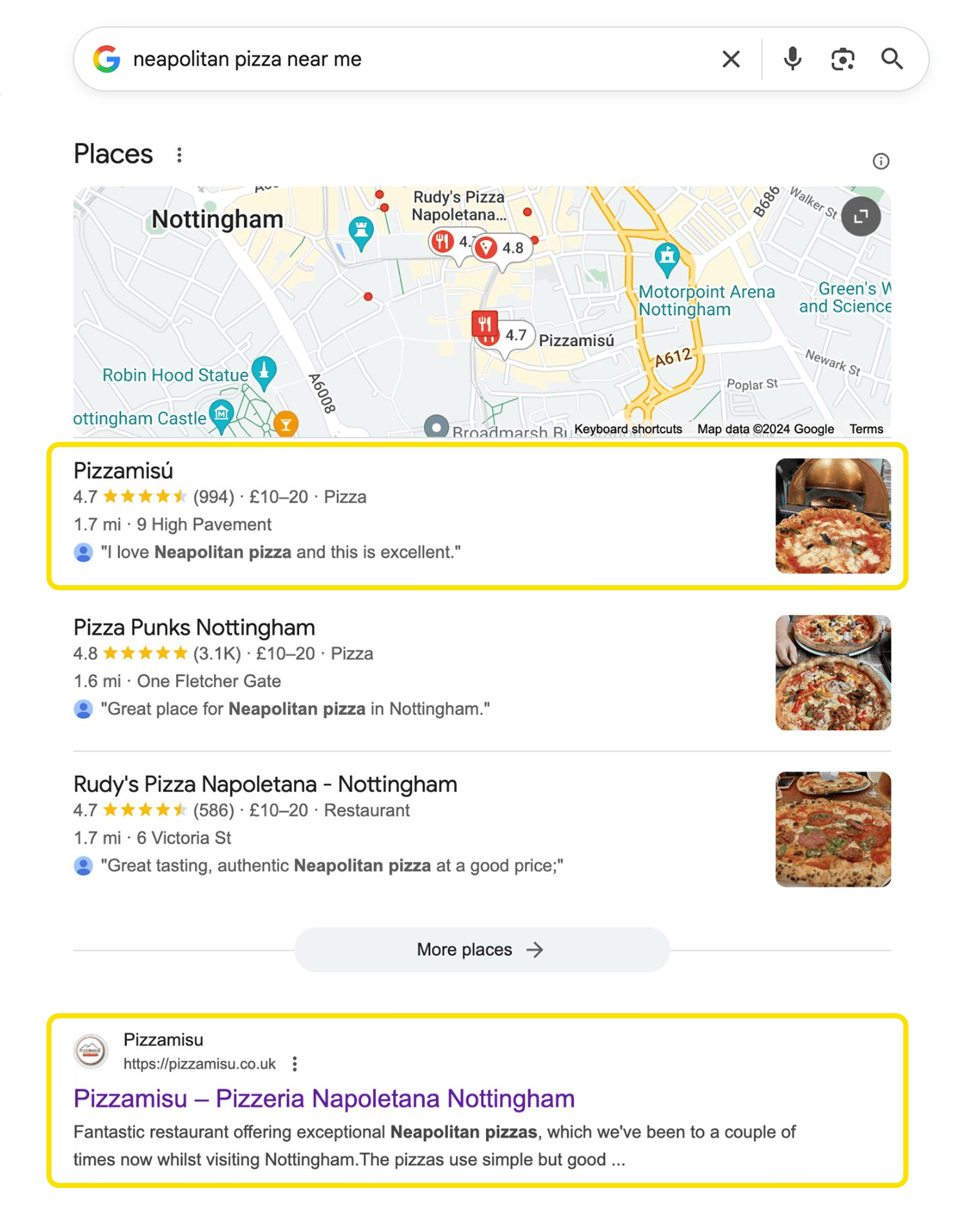 Screenshot of Google search results for neapolitan pizza near me showing local pack and organic results