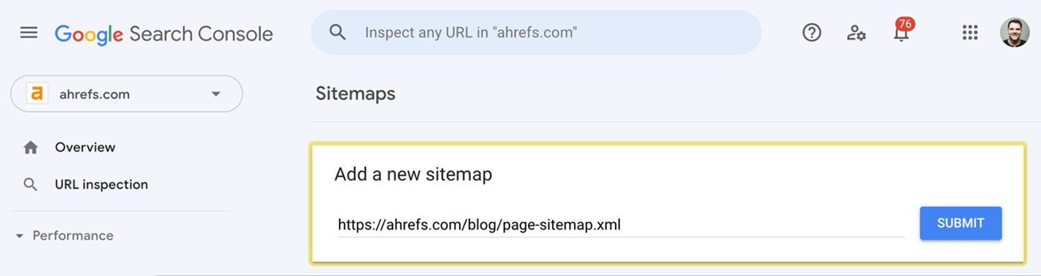 Screenshot of Google Search Console showing how to submit a sitemap