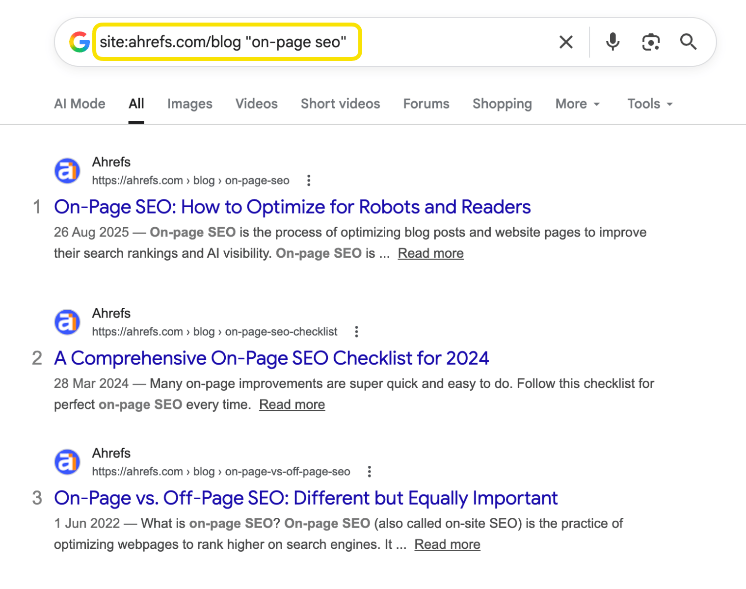 Google site search showing internal page connections