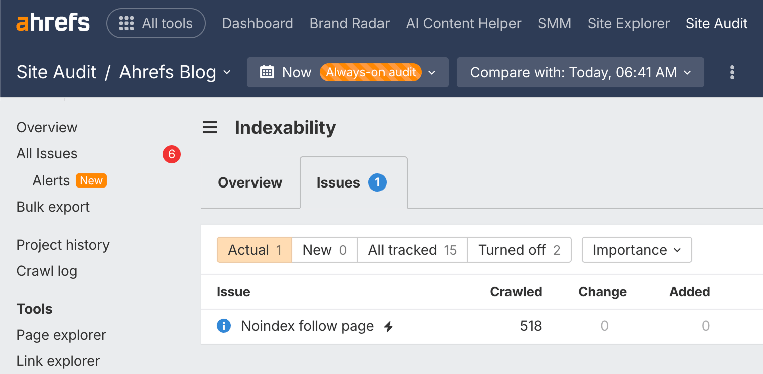 Finding noindexed pages in Ahrefs’ Site Audit
