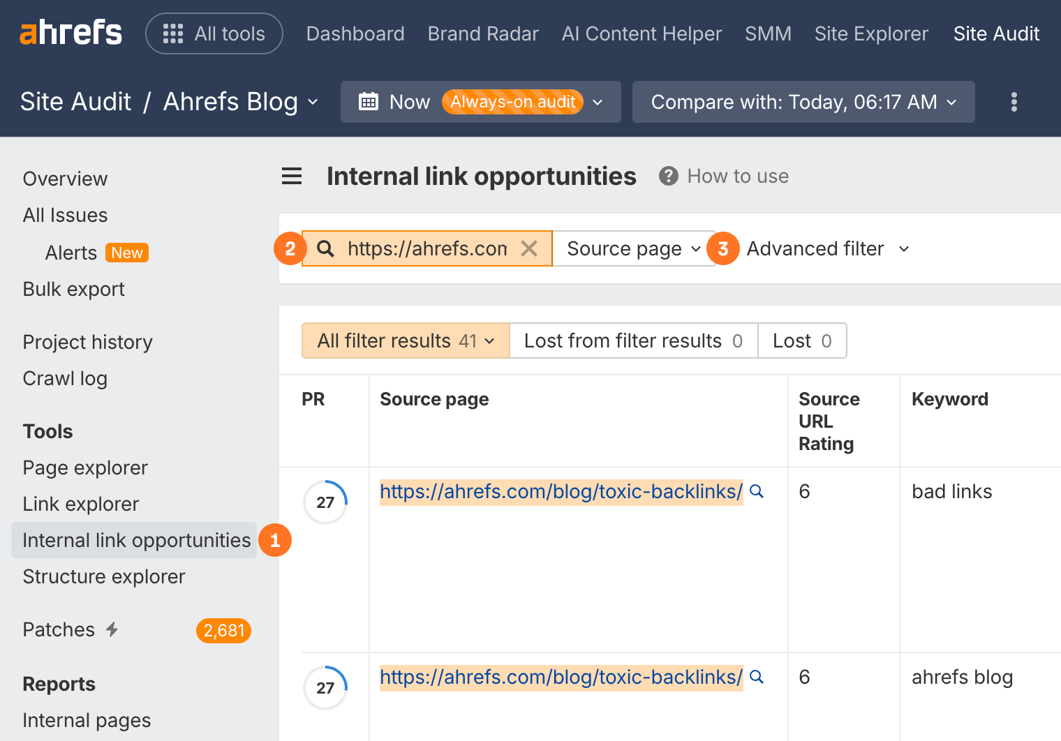 Ahrefs Internal link opportunities report showing suggested links