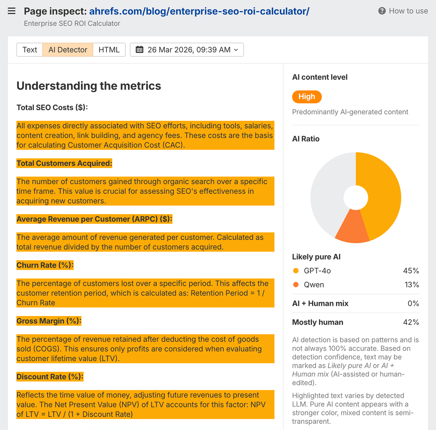 Using Ahrefs’ AI detector in Site Explorer Page Inspect