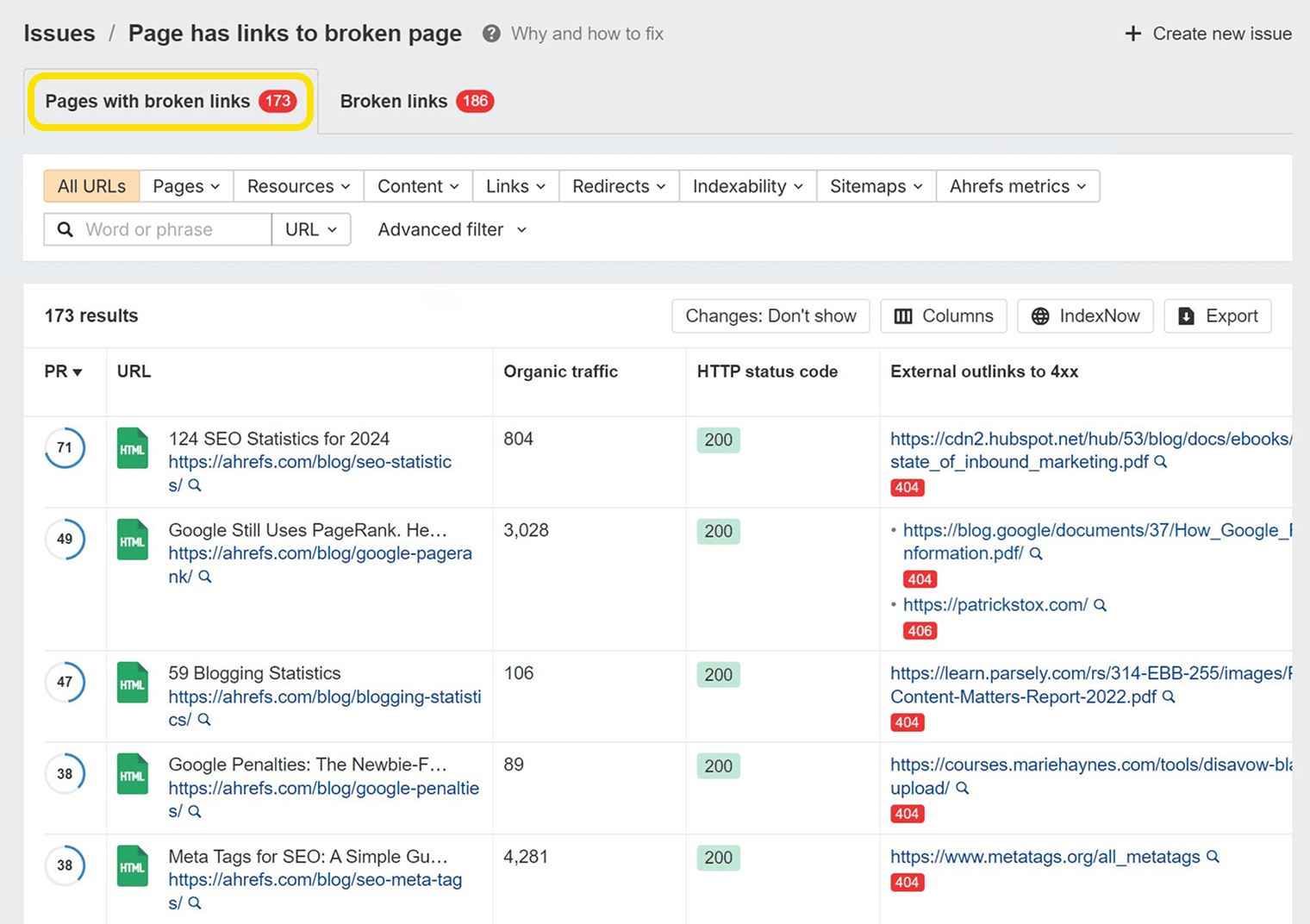 Ahrefs Site Audit showing pages with broken image links