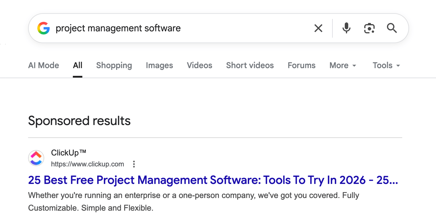 Google search results for "project management software" showing a sponsored ad from ClickUp at the top