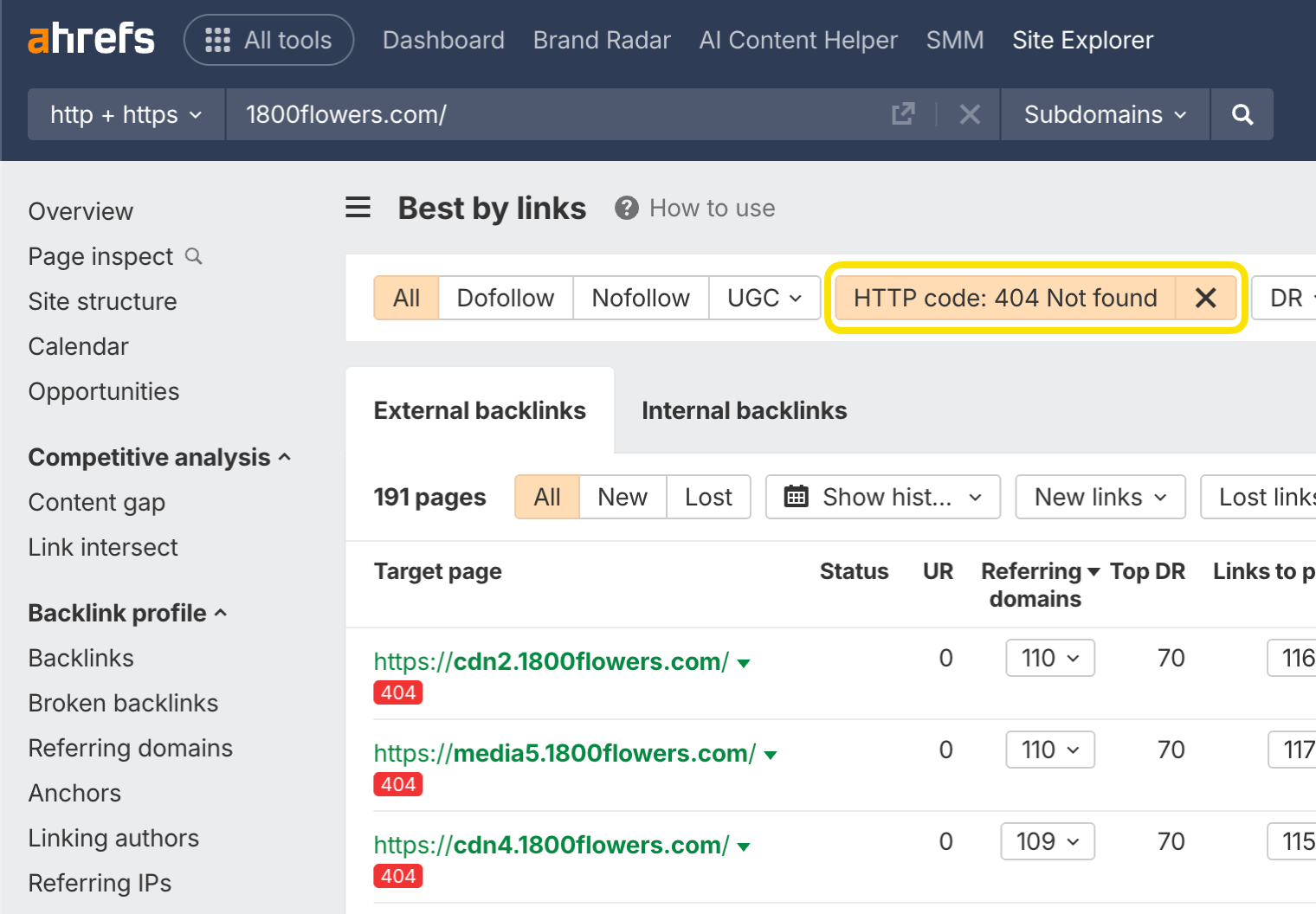 Finding 404 pages with backlinks in Ahrefs’ Site Explorer