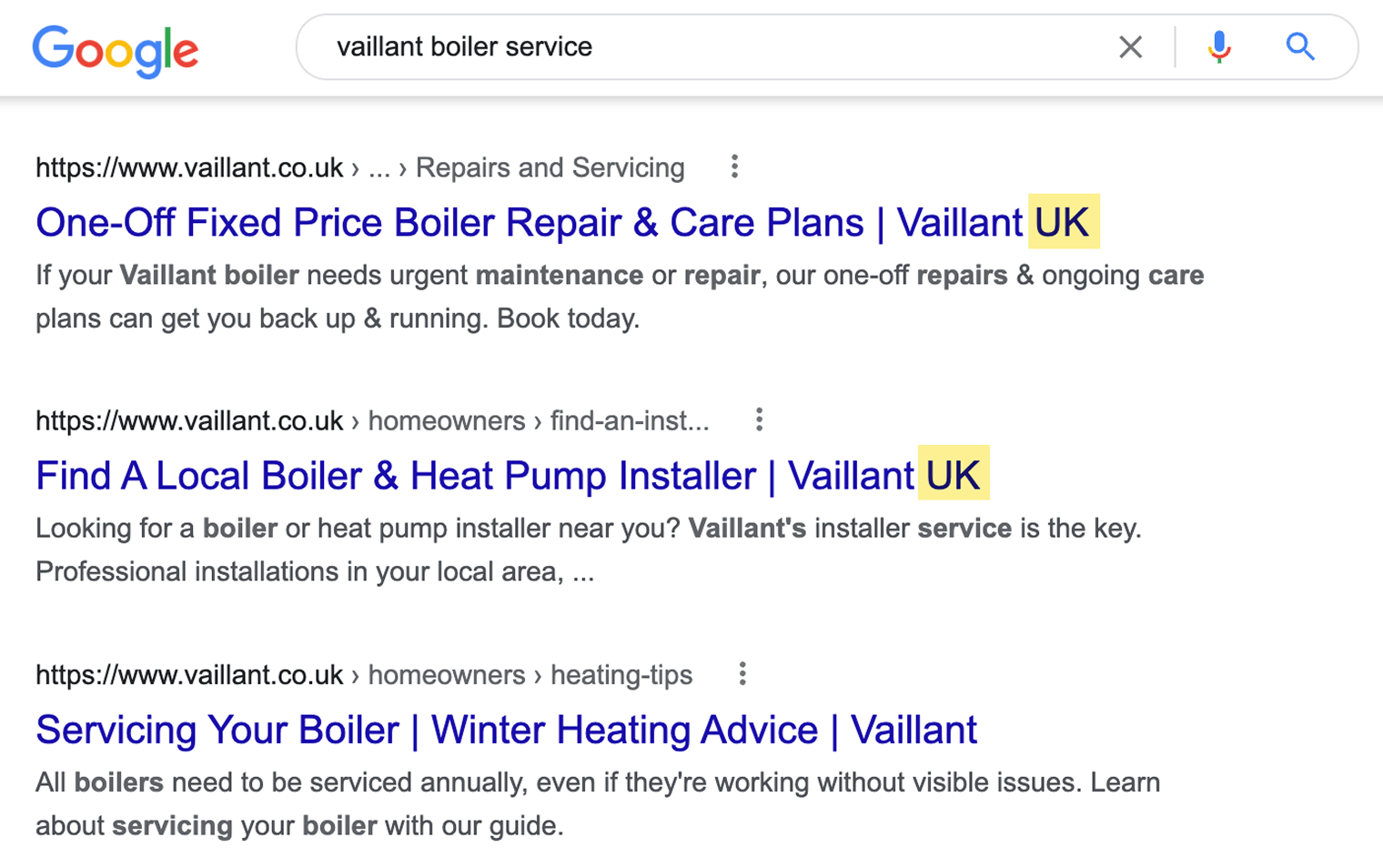 Screenshot of Google search results for vaillant boiler service showing organic results