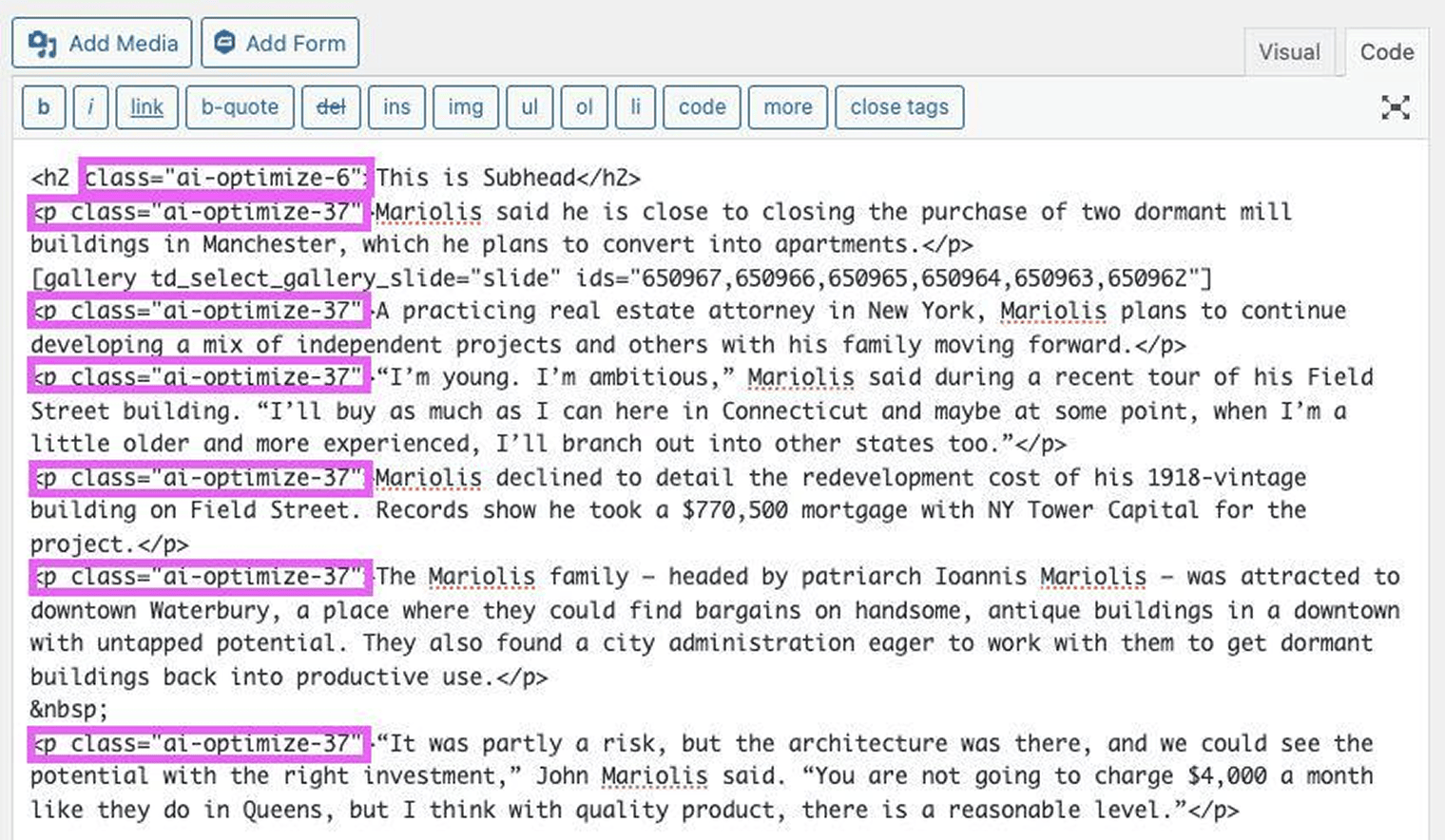 Example of AI-related code injected by a Yoast SEO bug