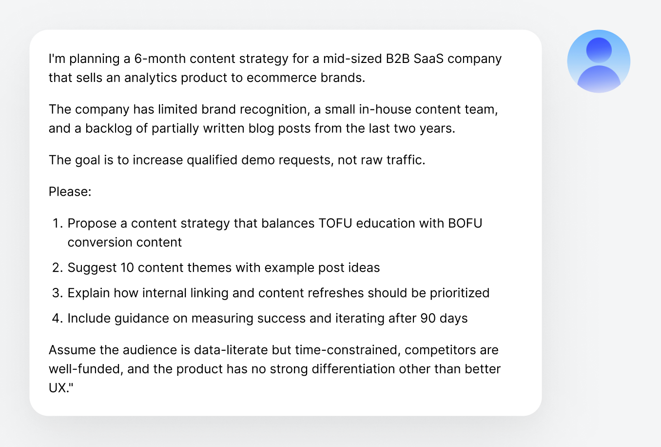 Mockup of a long, detailed user prompt entered into an AI chat interface