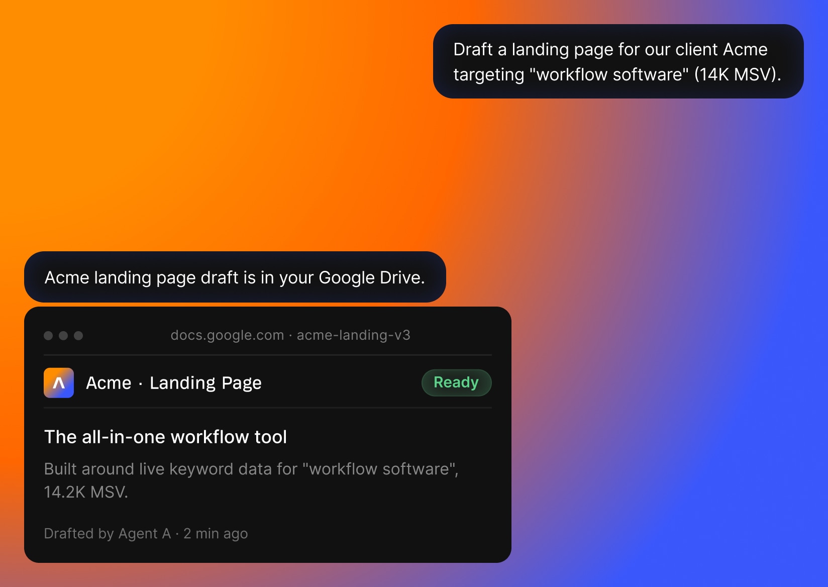 Agent A drafts a client landing page targeting a high-volume keyword and delivers it to Google Drive.