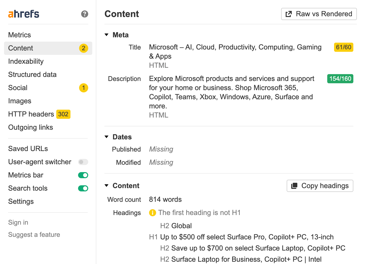 Content structure analysis tool showing titles, meta descriptions, and heading hierarchy