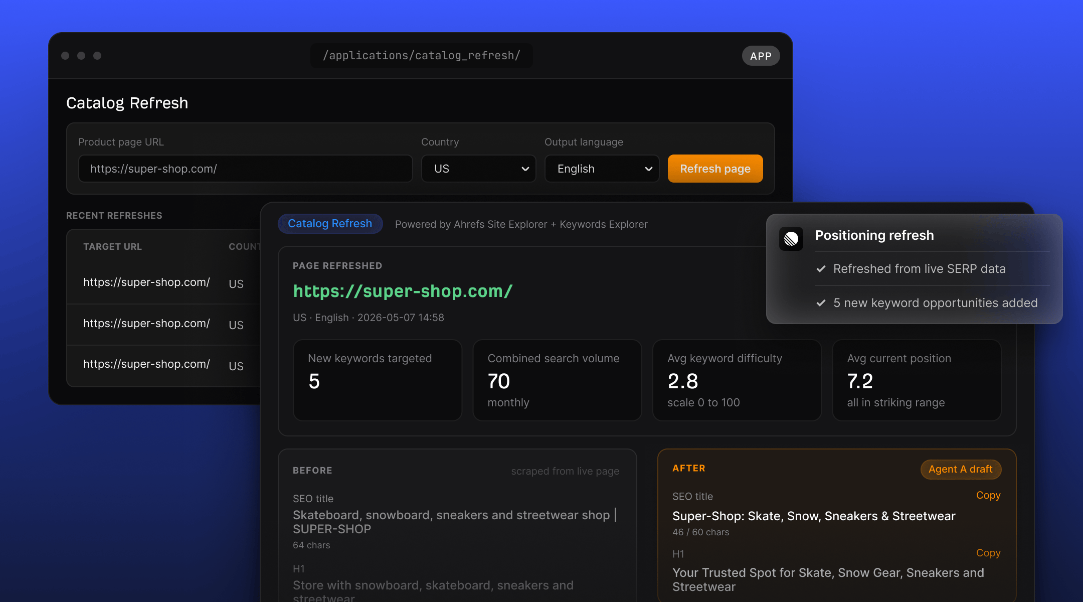 Agent A catalog refresh workspace