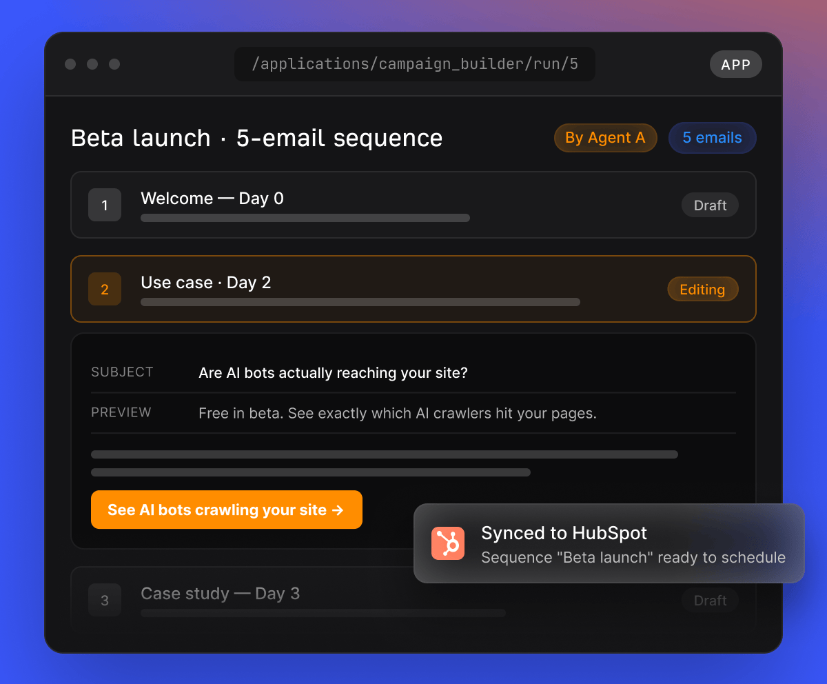 Agent A interactive email campaign builder workspace