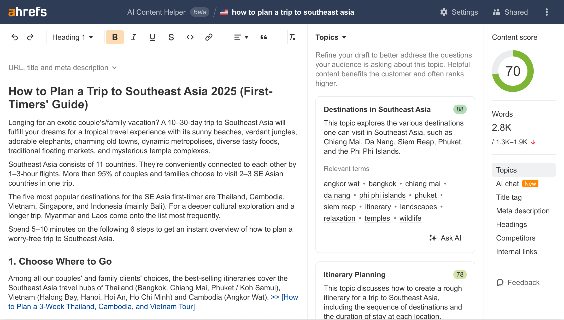 AI Content Helper interface with editor, content score, and topic suggestions