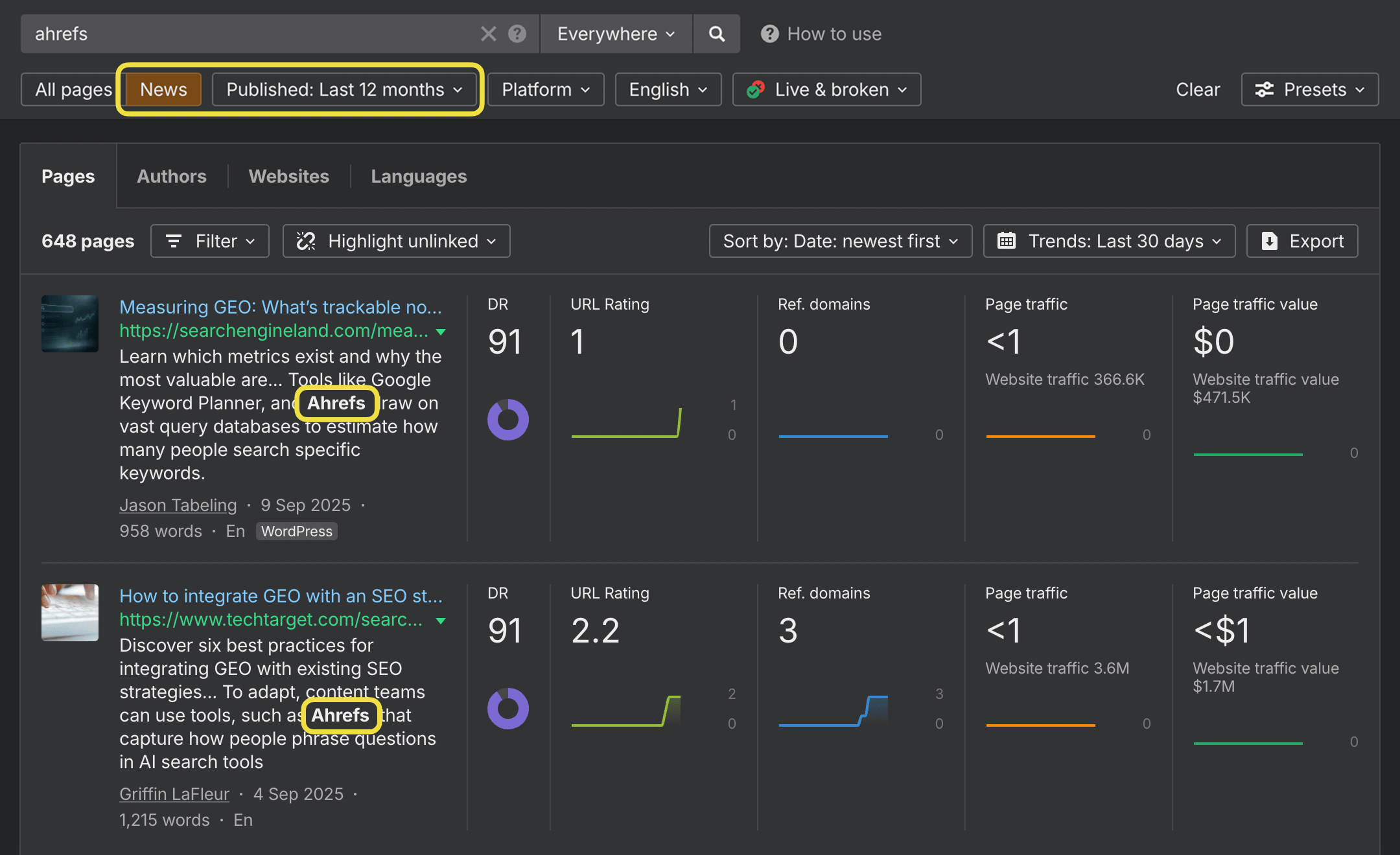 Content Explorer search results with brand mentions and PR metrics
