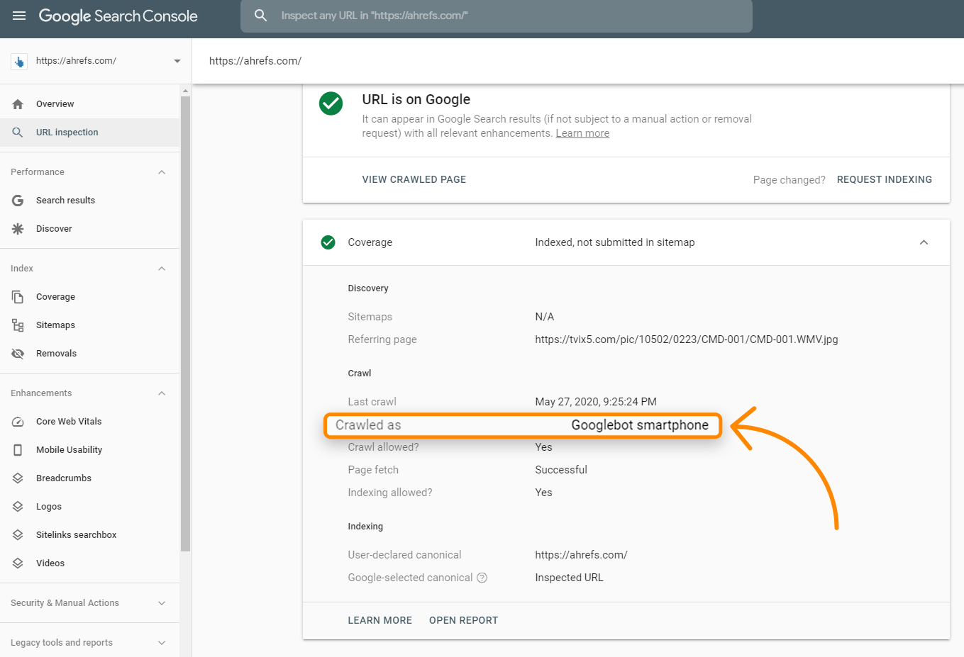 1.search console crawled as
