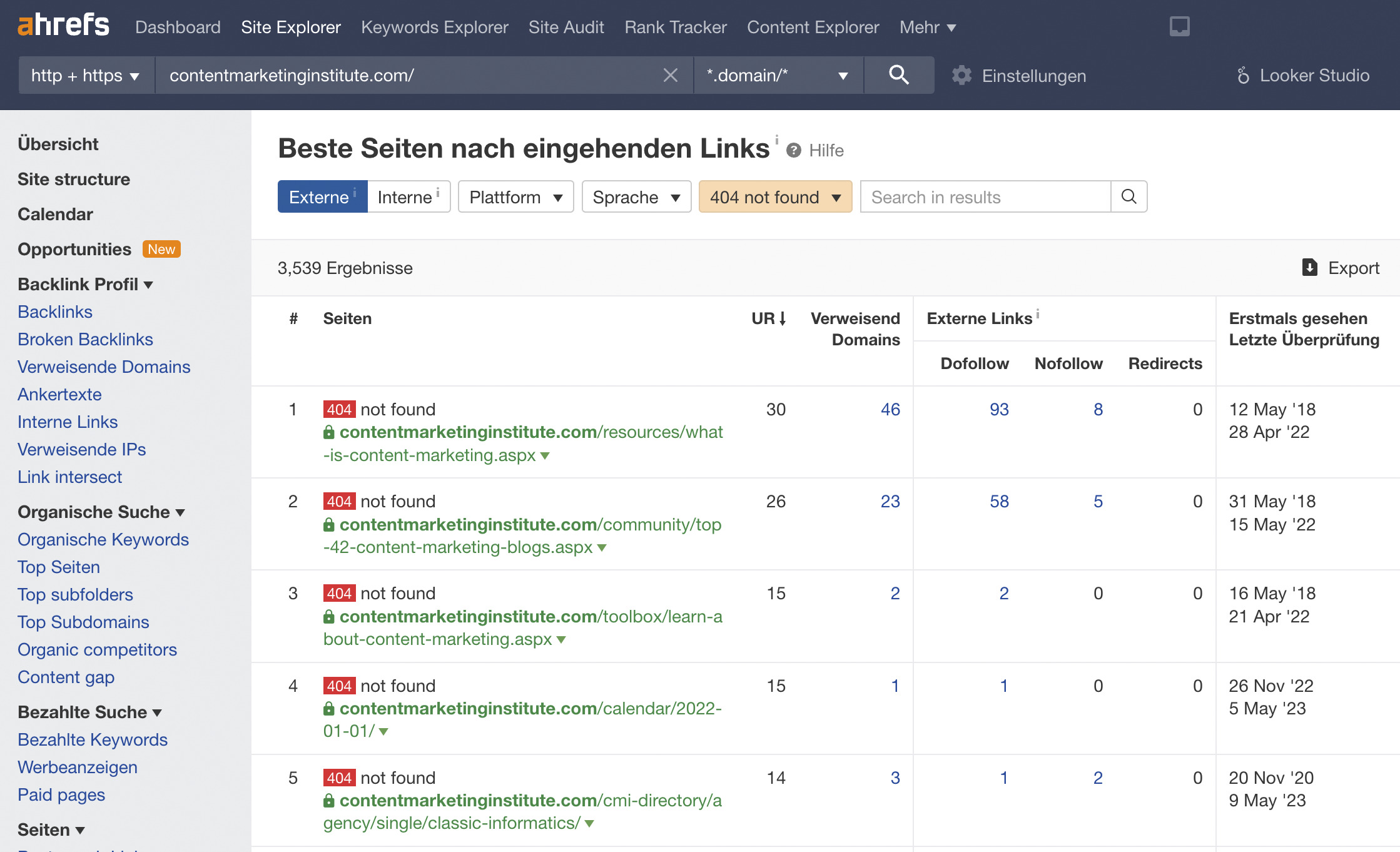 Finding broken pages to fix, via Ahrefs' Site Explorer