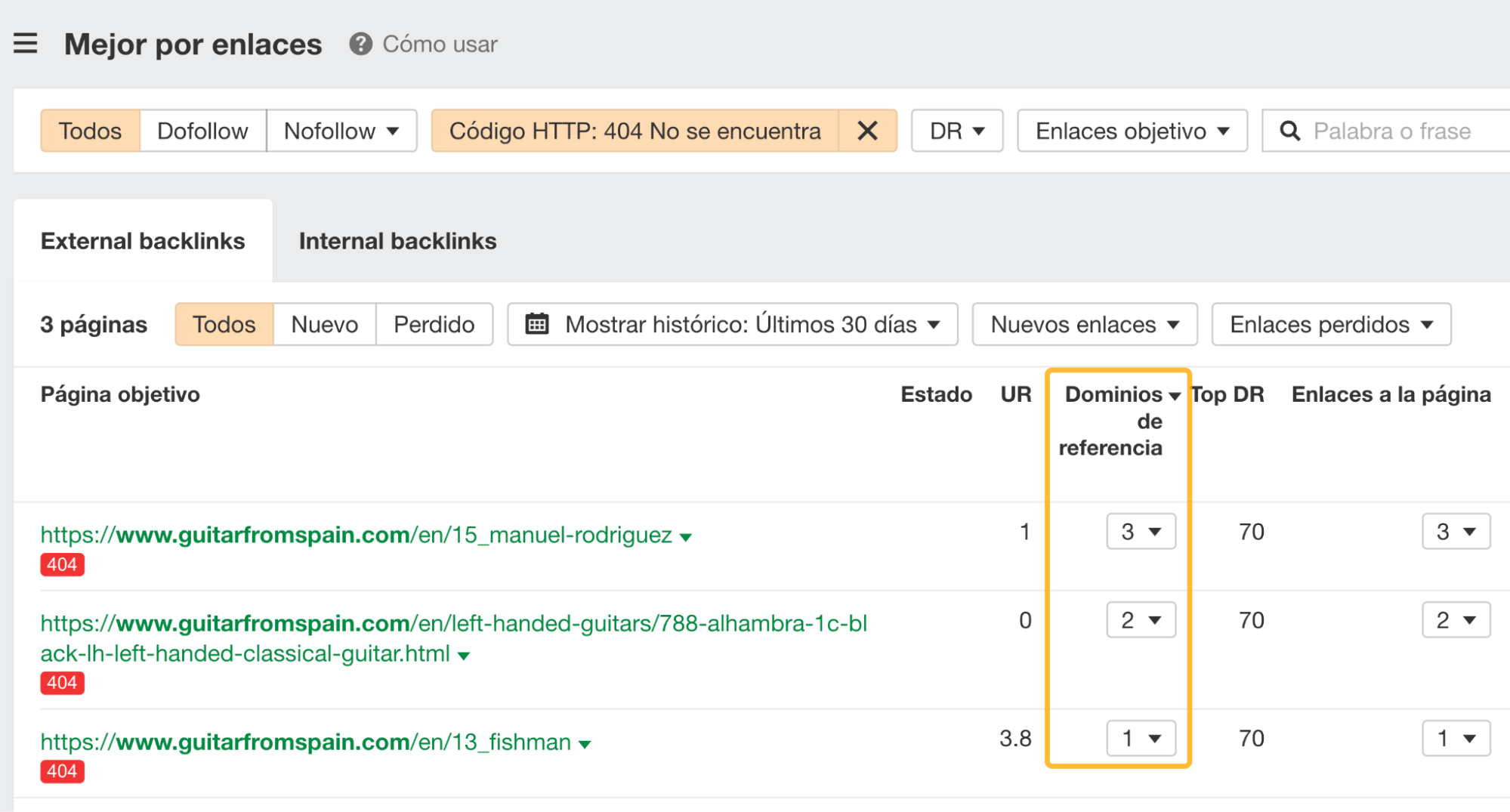Informe Mejor por enlaces filtrado por códigos de estado 404 para mostrar las páginas que quizá te interese redirigir.