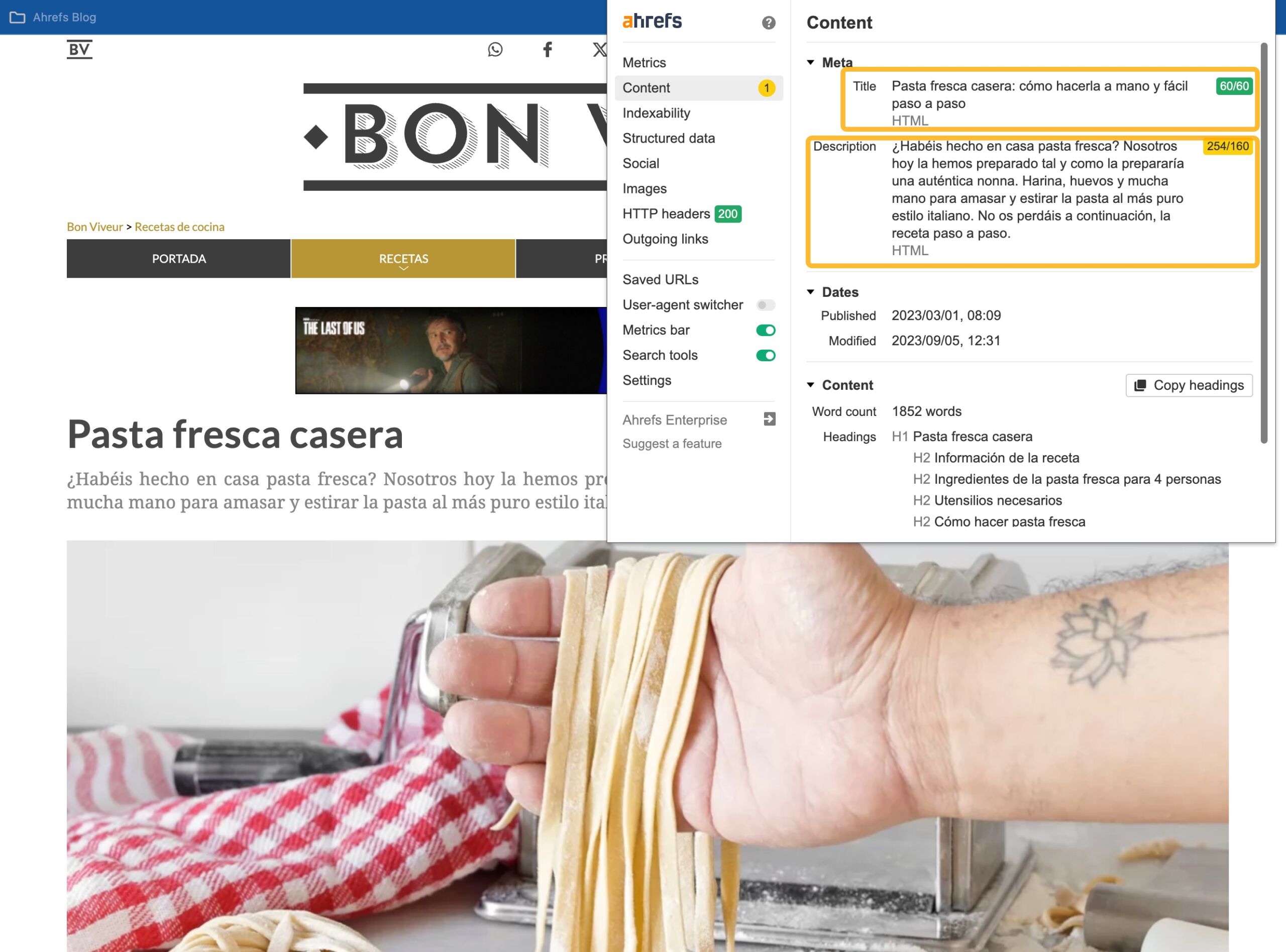 Title tag y meta descripcion de una pagina con receta de pasta casera