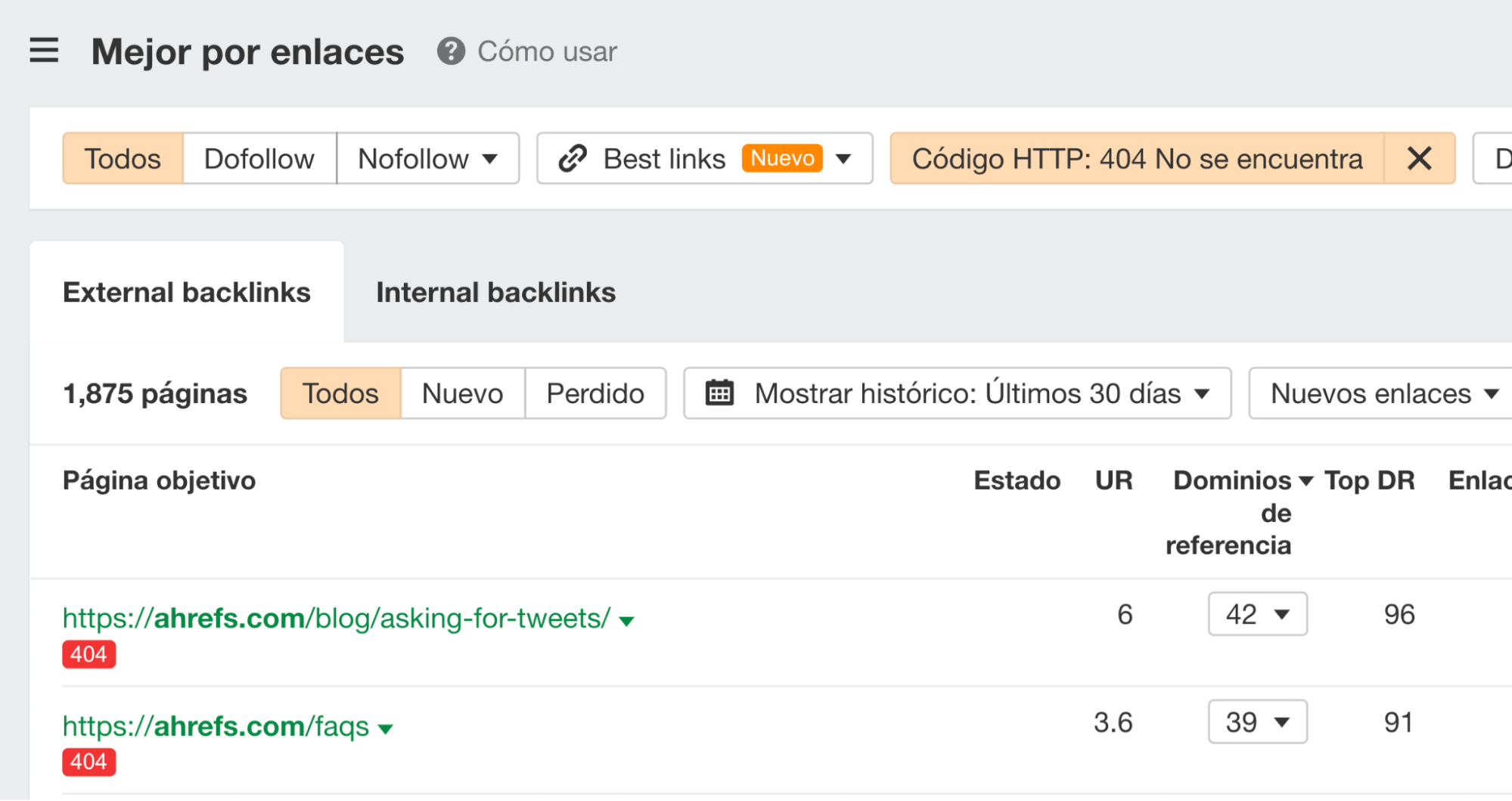 Páginas internas rotas en Site Explorer de Ahrefs ordenadas por dominios de referencia.