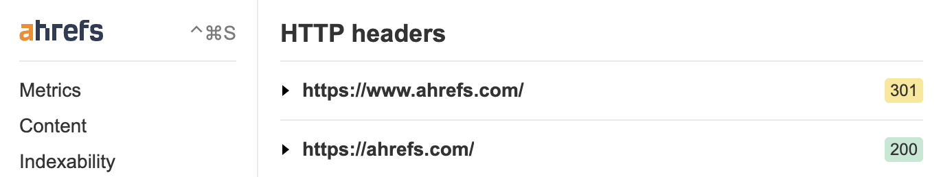 Cabeceras HTTP en la barra de herramientas SEO de Ahrefs.