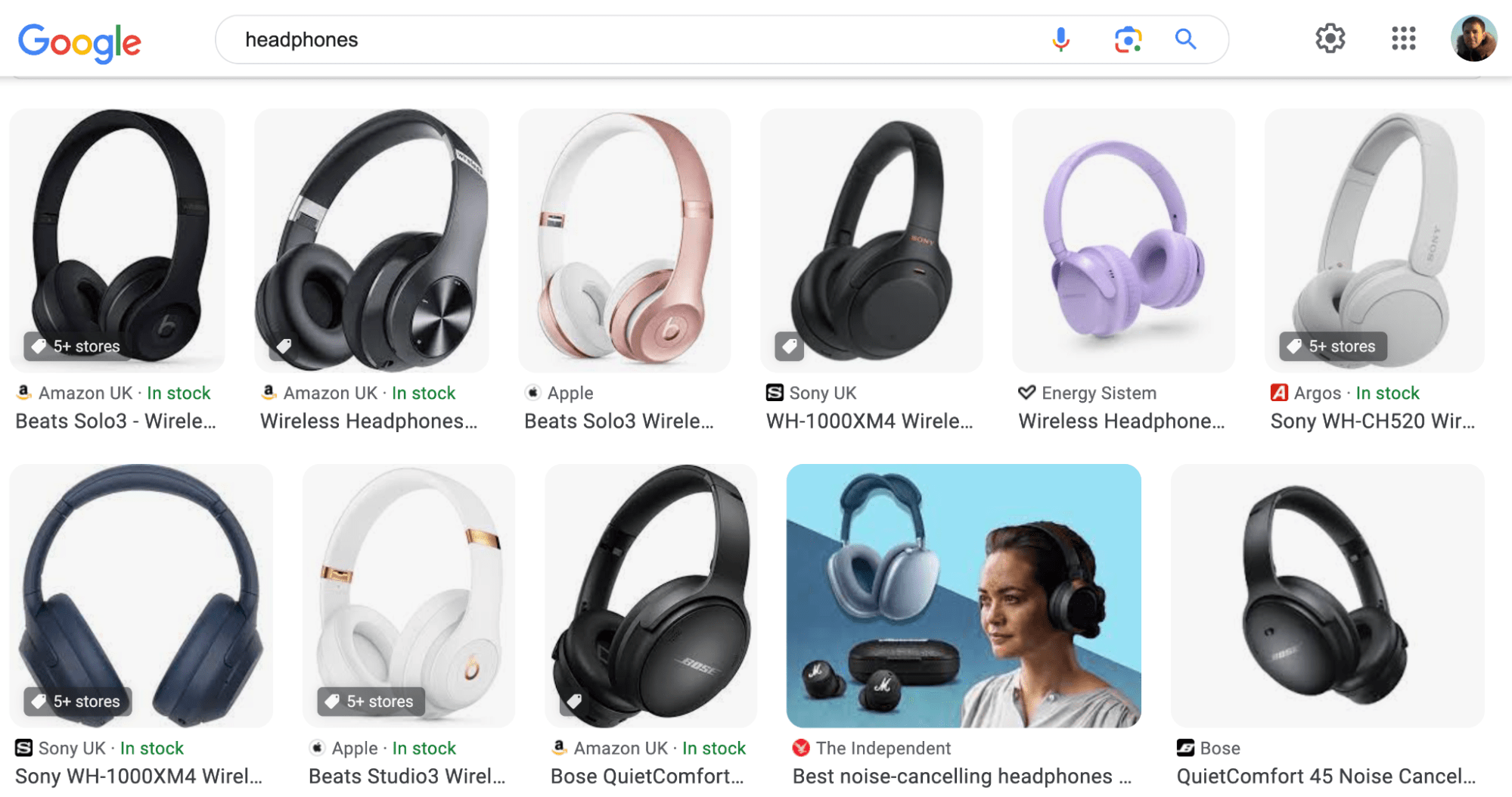 SERP de auriculares, a través de Google Images