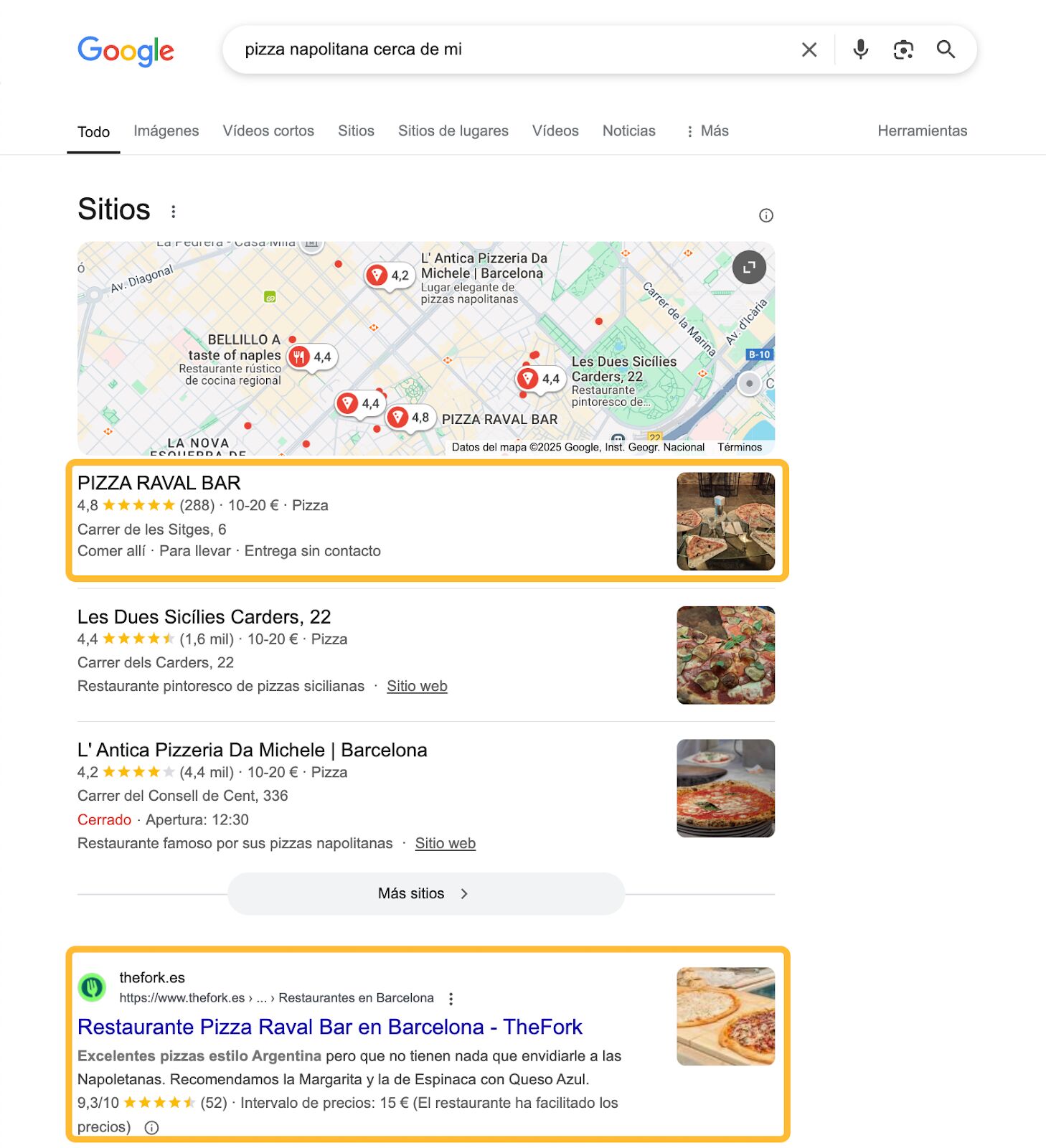Esta pizzería ocupa el primer lugar en el paquete local y en los resultados del «enlace azul» porque está cerca, es exactamente lo que buscaba y tiene buena reputación.