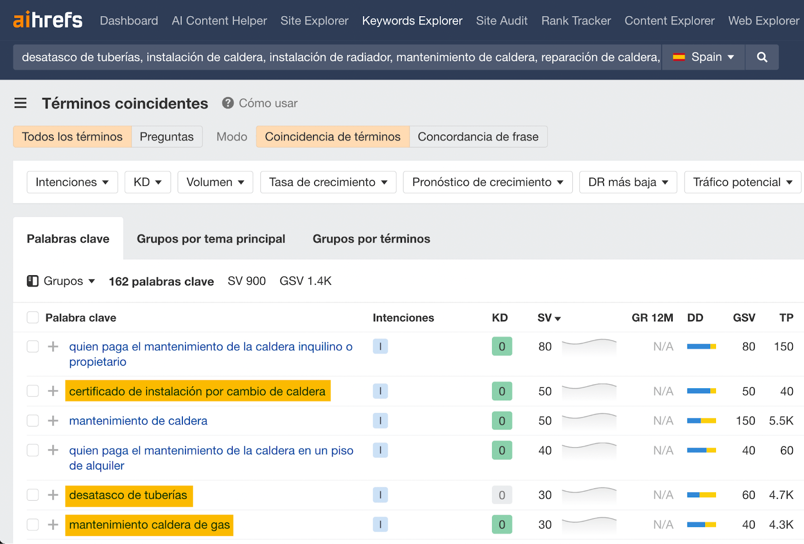 Informe de Términos coincidentes de Ahrefs.