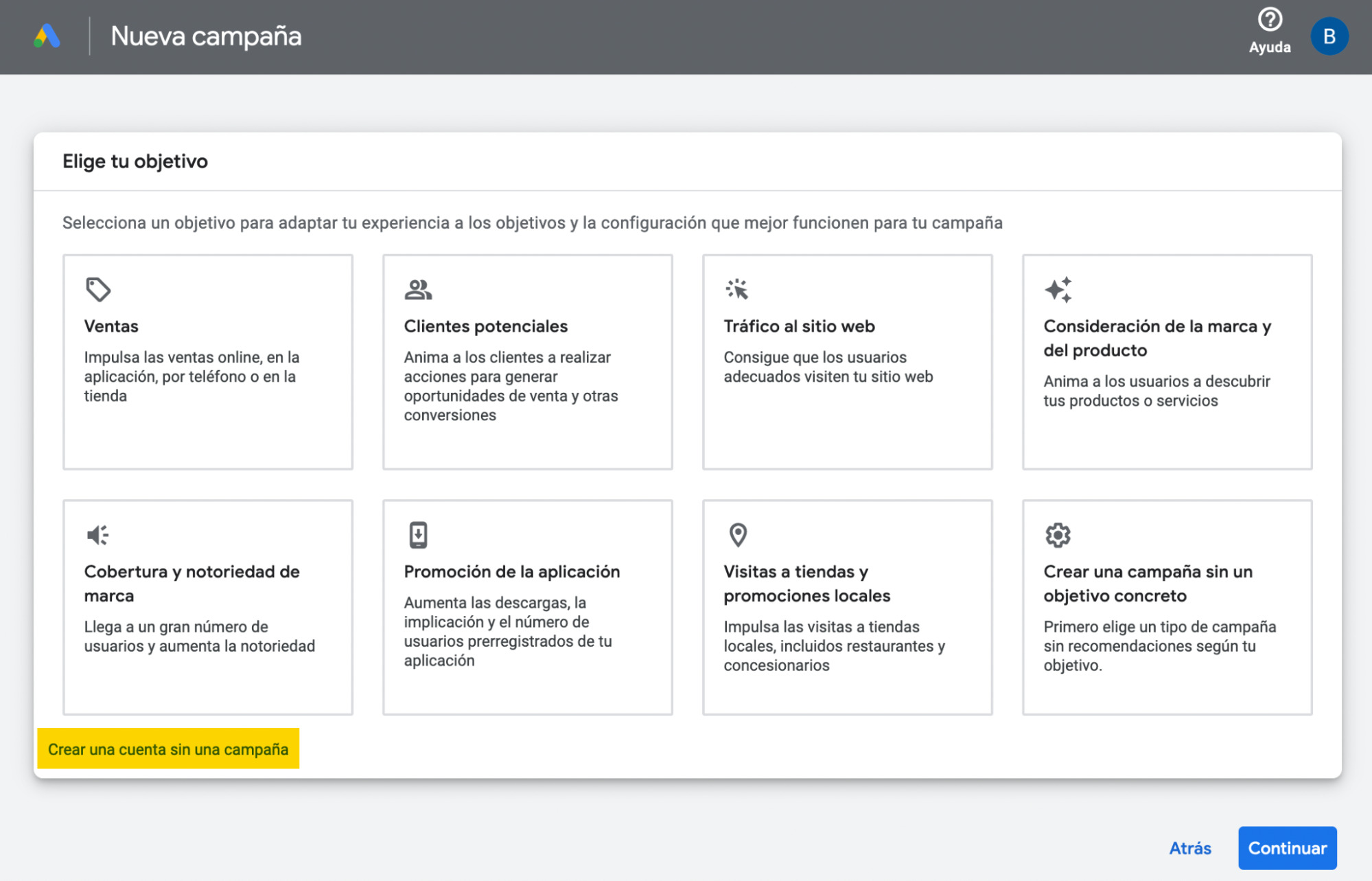 Crear una cuenta sin una campaña en Keyword Planner