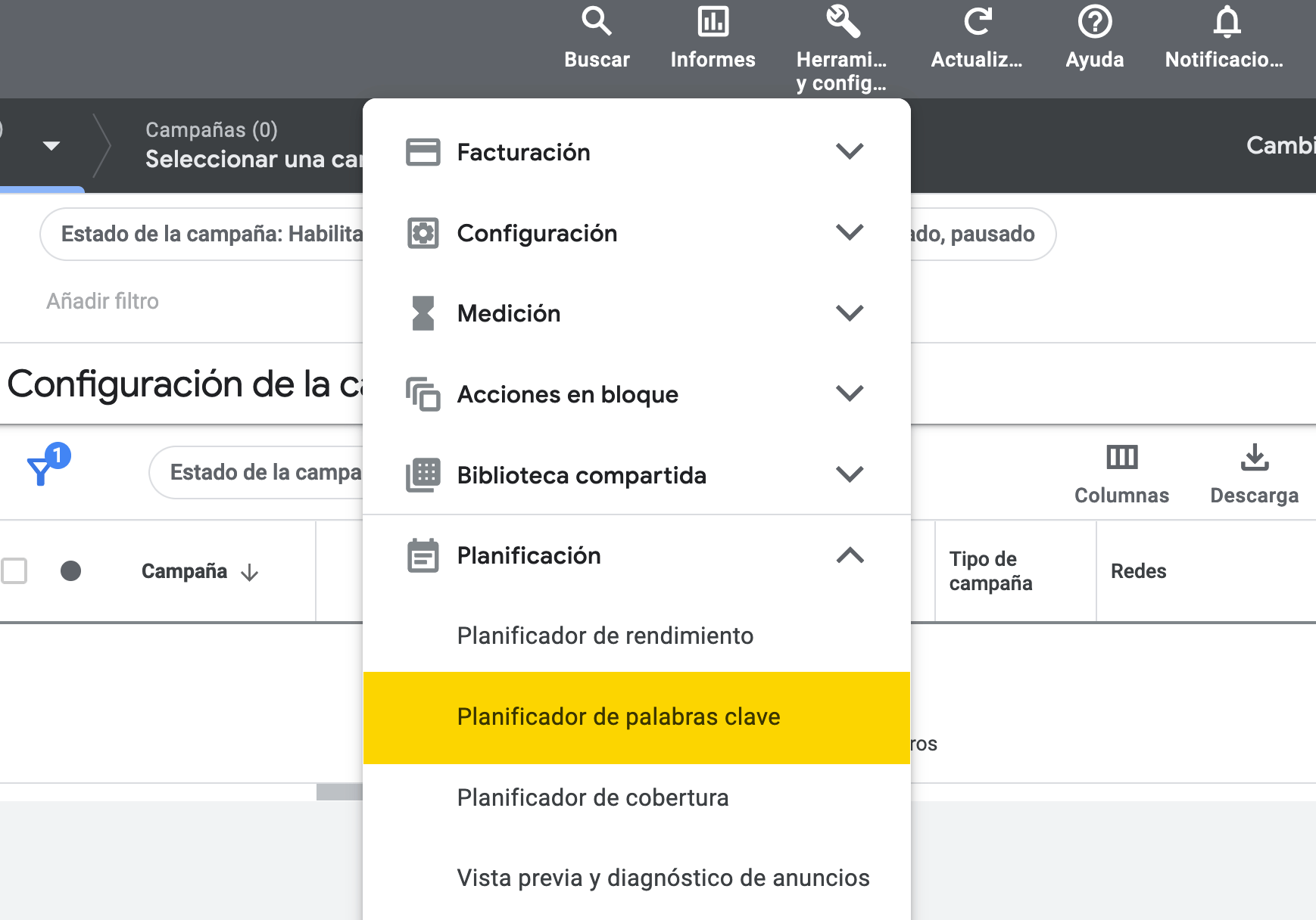 Planificador de palabras clave