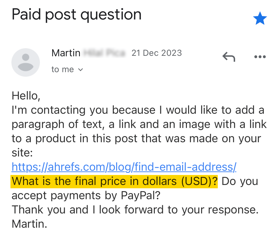 Ejemplo de correo electrónico de alguien que quiere pagar por obtener un backlink.