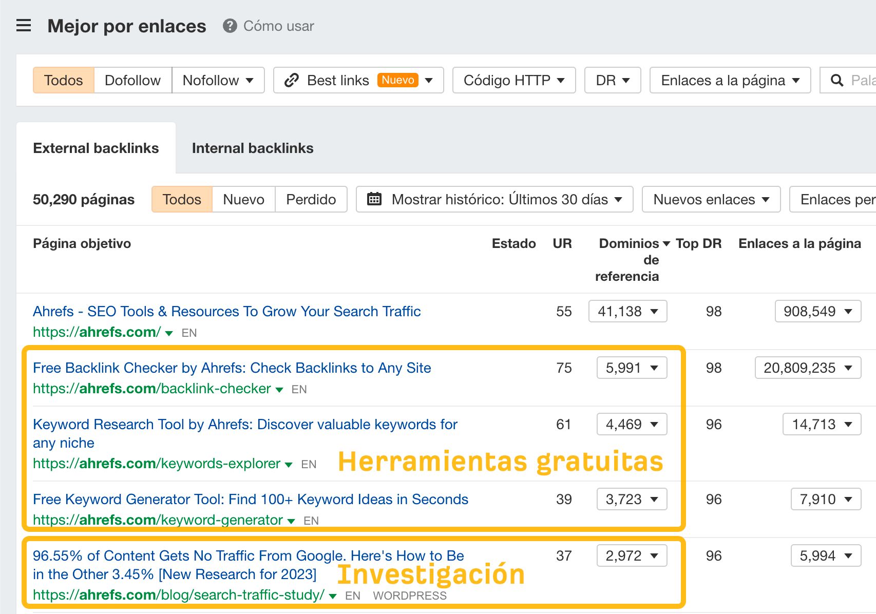 Informe de Mejor por enlaces de Site Explorer de Ahrefs.