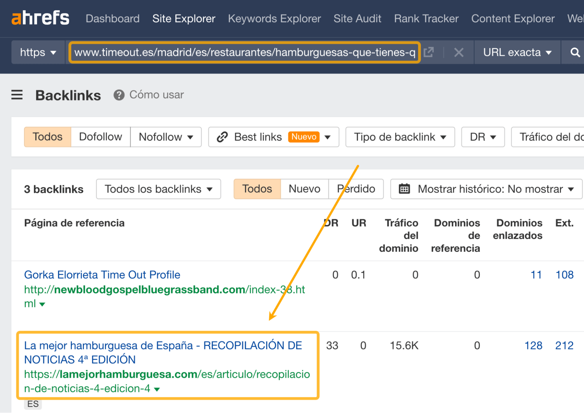 Backlink interesante en Site Explorer de Ahrefs.