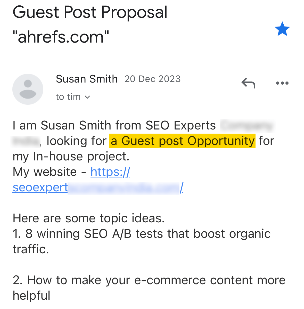 Correo electrónico en busca de un backlink a través de un artículo de invitado.