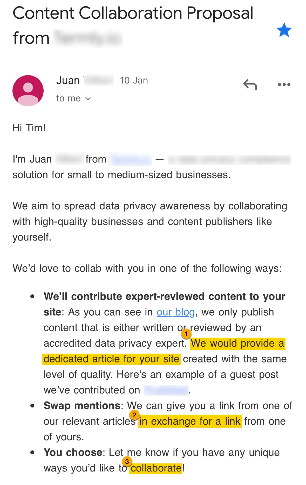 Otro ejemplo de email que busca un backlink.