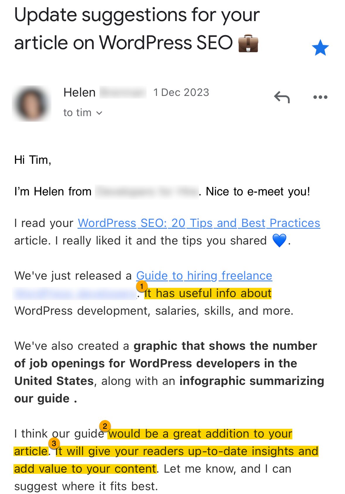 Ejemplo de un correo electrónico de outreach de backlinks.