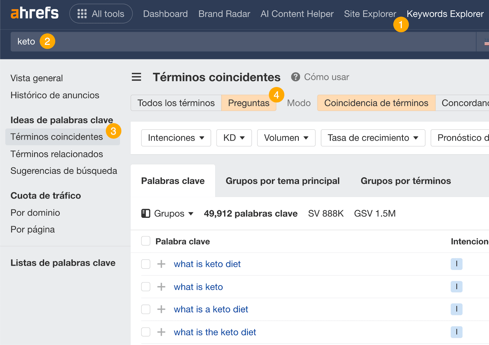 Informe de Términos coincidentes de Keywords Explorer de Ahrefs.