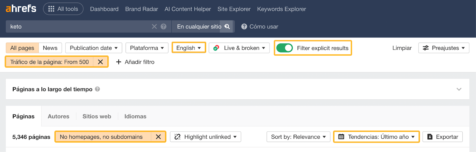 Encontrar contenido que está disminuyendo en tráfico orgánico en Content Explorer.