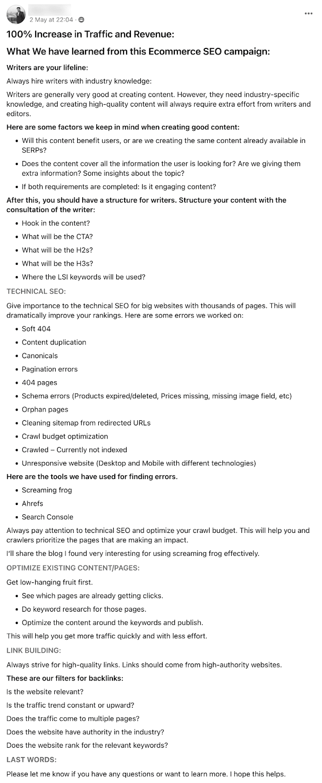 Ejemplo de contenido publicado de forma nativa en un grupo de Facebook.