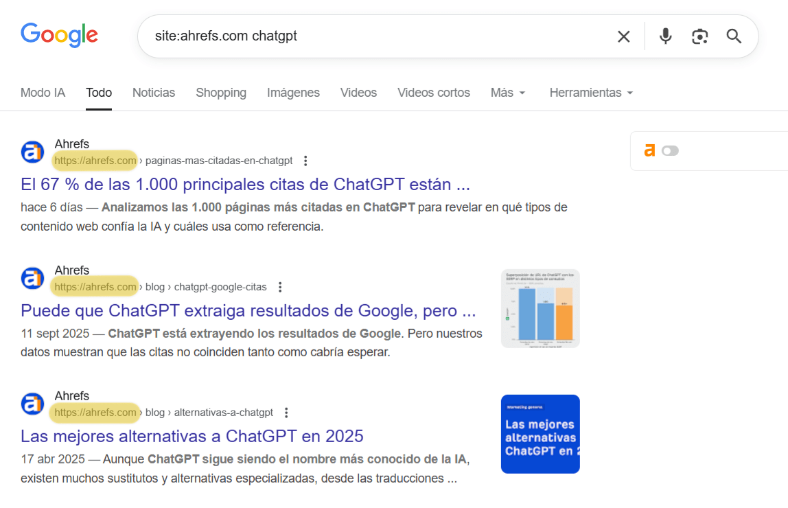 Uso de un operador de Google aplicado a Ahrefs.com