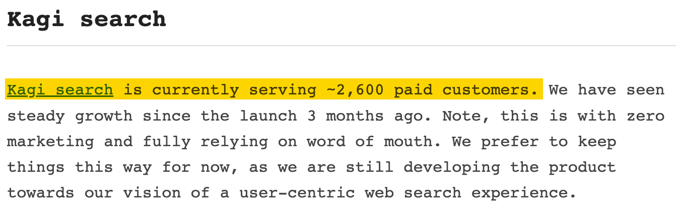 Extracto de un escrito que indica el número de clientes de Kagi.